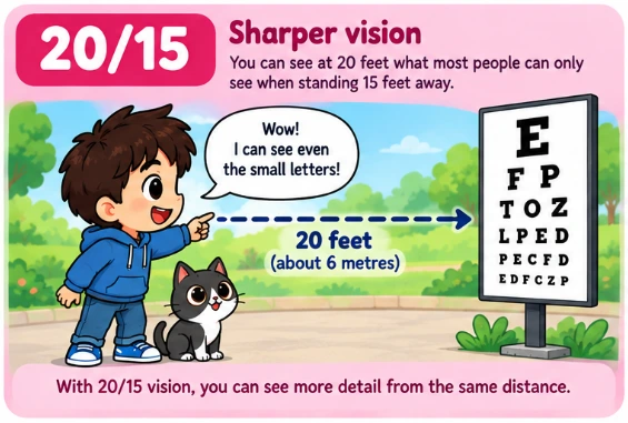Illustration labelled 20/15 sharper vision showing a child seeing smaller letters clearly from 20 feet away.