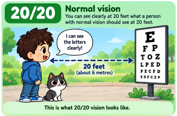 Illustration labelled 20/20 normal vision showing a child 20 feet from an eye chart and saying that the letters are clear.