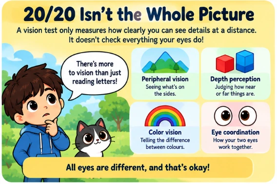 Illustration explaining that 20/20 does not measure the whole visual system, including peripheral vision, depth perception, colour vision, and eye coordination.