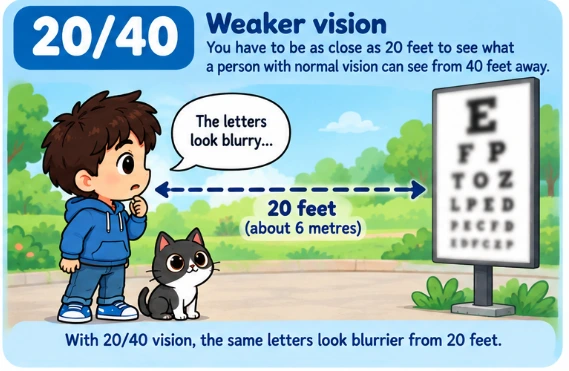 Illustration labelled 20/40 weaker vision showing a child 20 feet from an eye chart whose smaller letters look blurry.