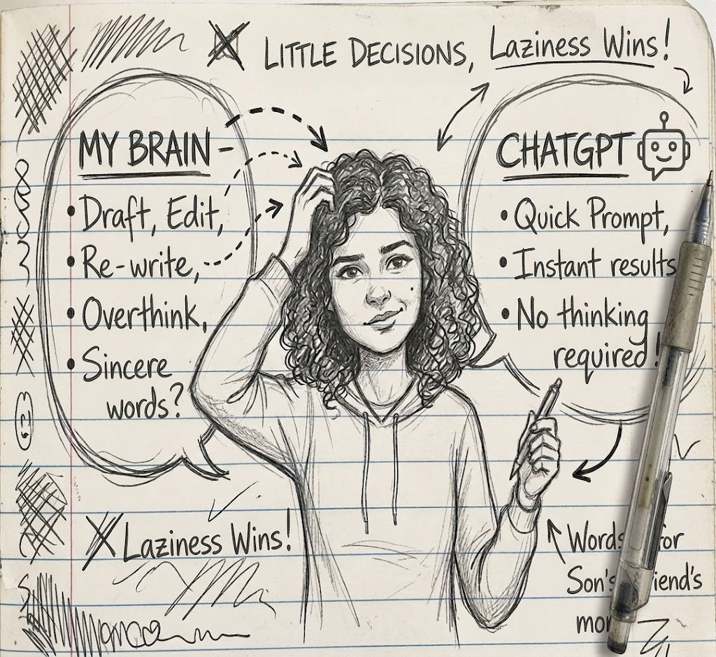 A notebook-style illustration of a woman weighing her own words against the convenience of asking ChatGPT to make everyday decisions.
