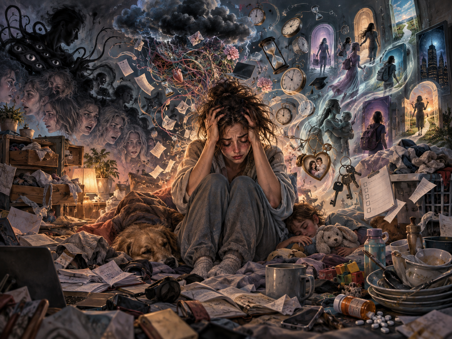 A distressed mother sits amid tangled thoughts, clocks, household tasks, and family scenes while her child sleeps beside her.