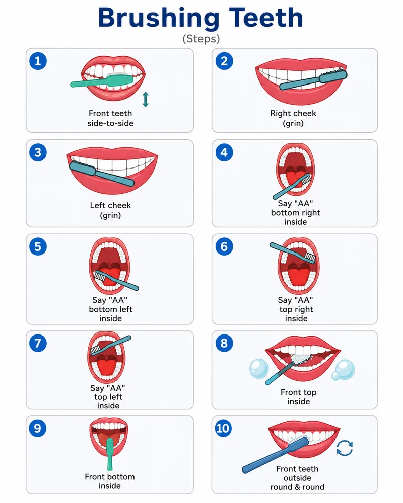 A visual poster showing ten illustrated steps for brushing teeth.