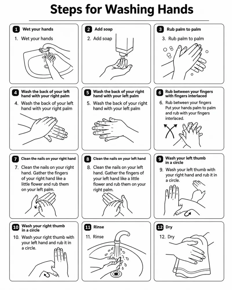 A visual poster showing twelve illustrated steps for washing hands.