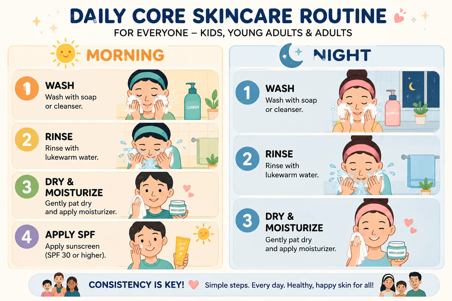 A colorful illustrated chart showing a four-step morning skincare routine and a three-step nighttime skincare routine.