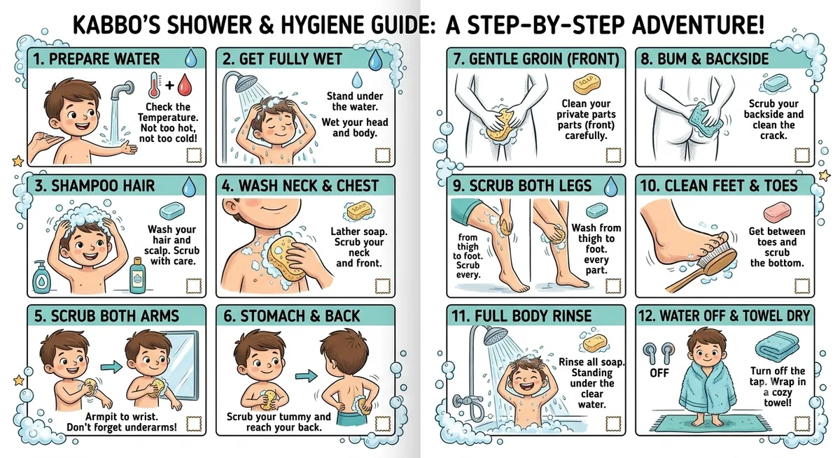 A twelve-step illustrated shower and hygiene guide for children.